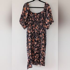 Old Navy Puff-Sleeve Floral-Print Pintucked Smocked Midi Swing Dress XXL EUC